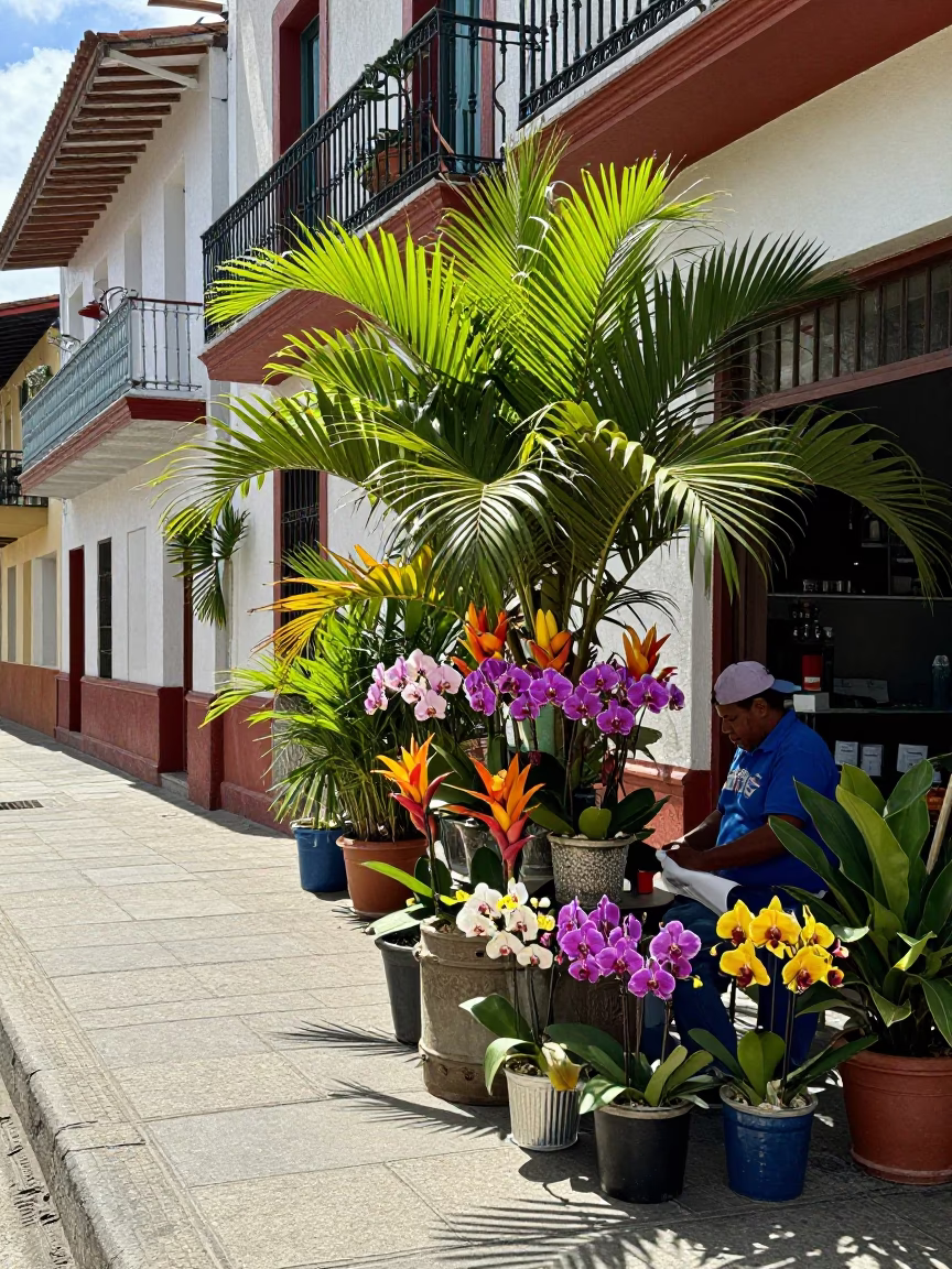 Bright Midmorning Street Scene in Medellin Colombia with Tropical Flora and Local Commerce in in Medellin, Colombia