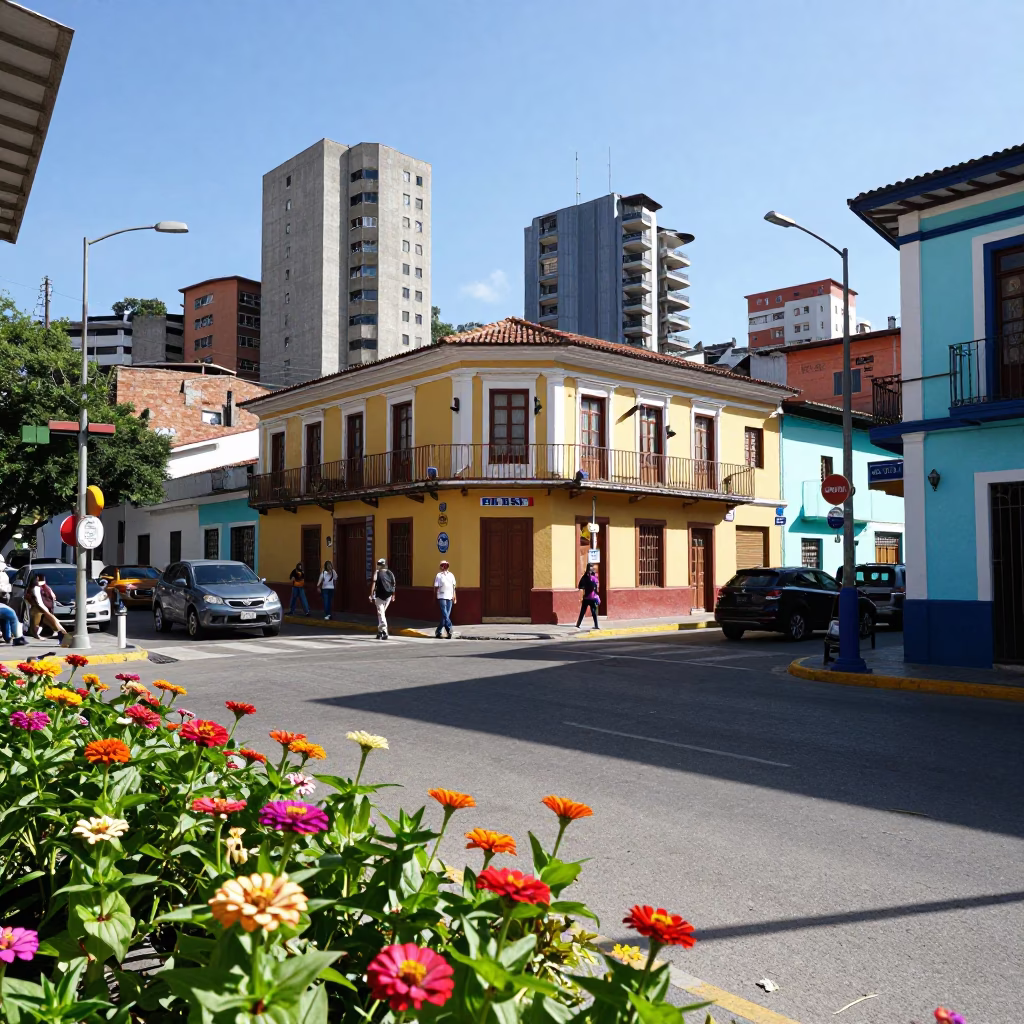 Bright Midmorning Street Scene in Medellin Colombia with Zinnias and Local Life in in Medellin, Colombia