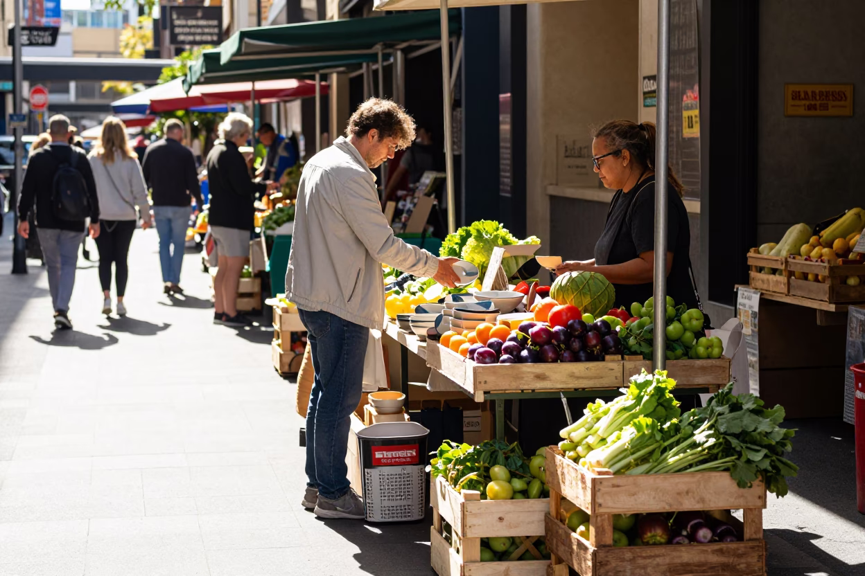 Bright Midmorning Street Scene in Melbourne Victoria Australia with Local Market Goods in in Melbourne, Victoria, Australia