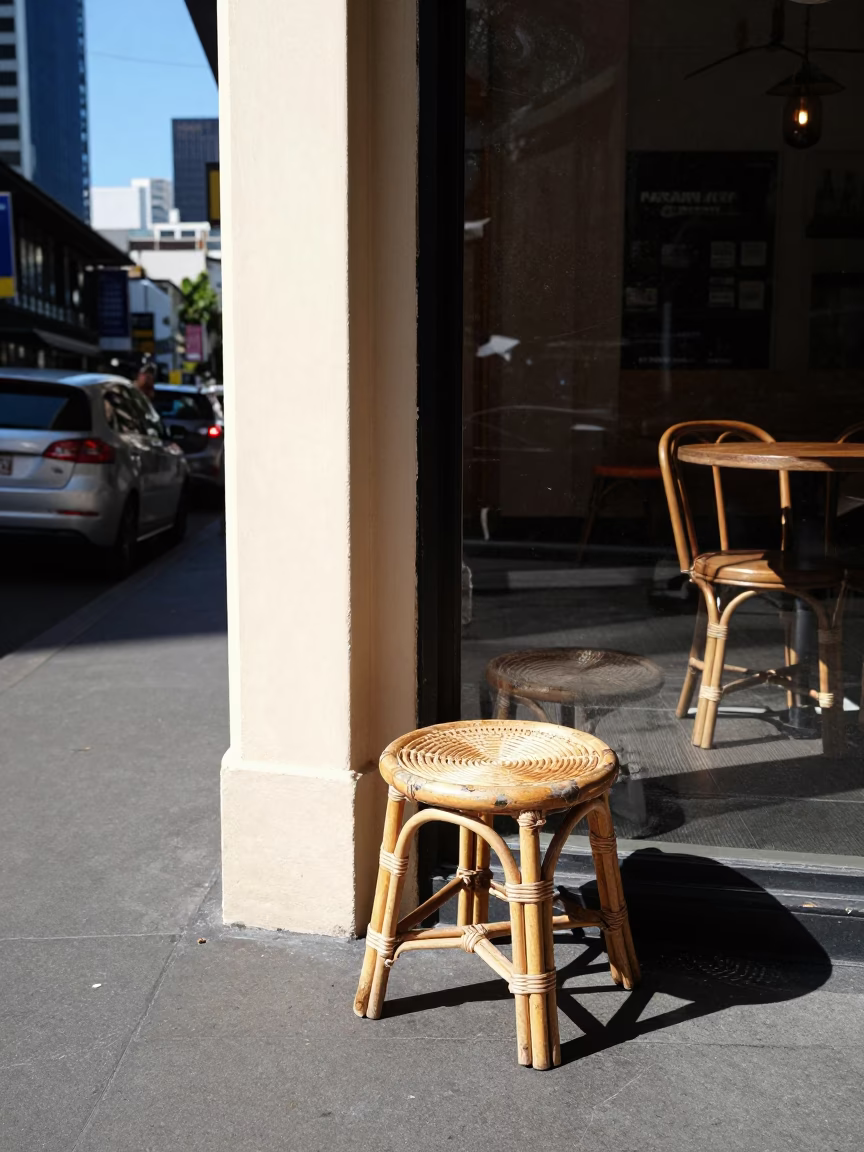Bright Midmorning Street Scene in Melbourne Victoria Australia with Rattan Stool and Lemons in in Melbourne, Victoria, Australia