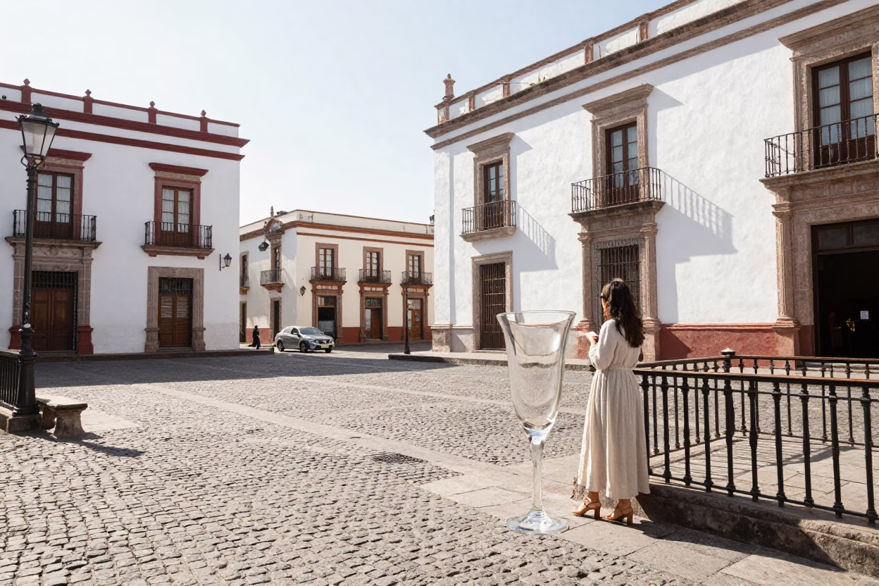 Bright Midmorning Street Scene in Merida Mexico with Glass Tumbler in in Merida, Mexico