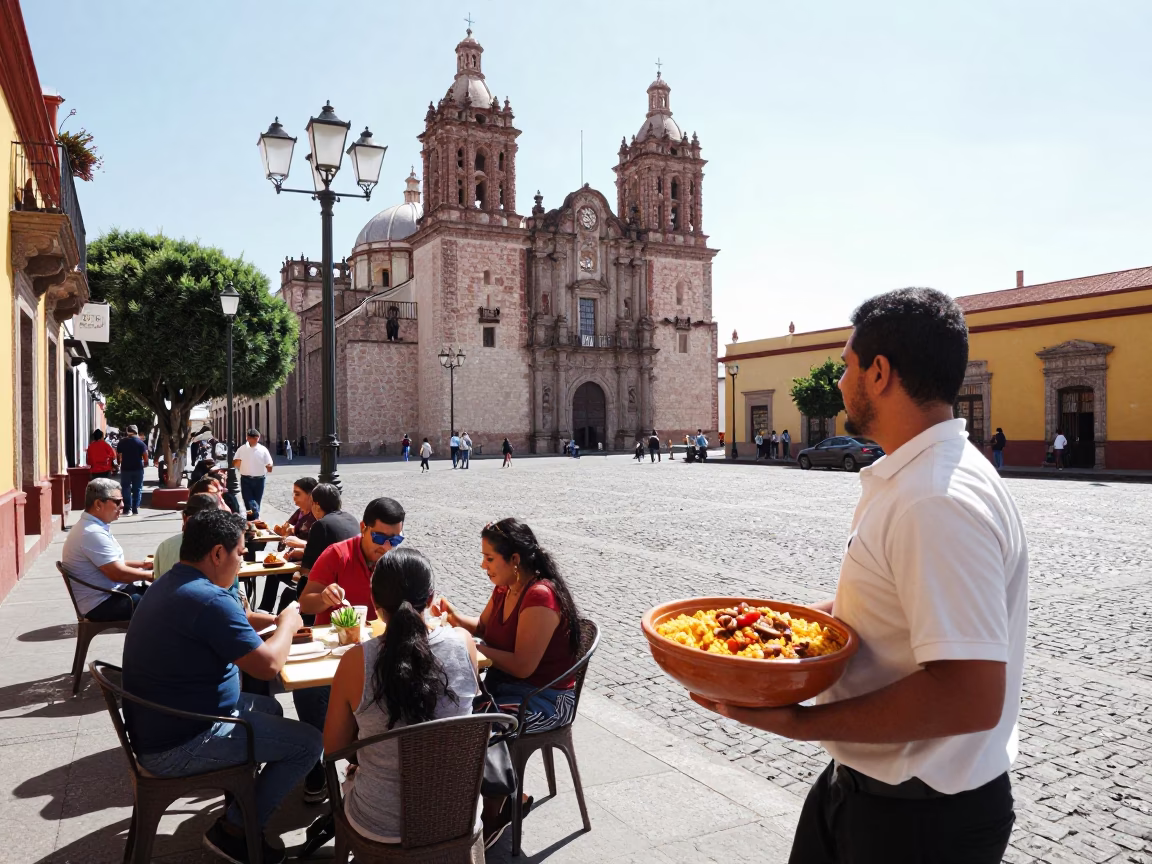 Bright Midmorning Street Scene in Merida Mexico with Local Dining Elements in in Merida, Mexico