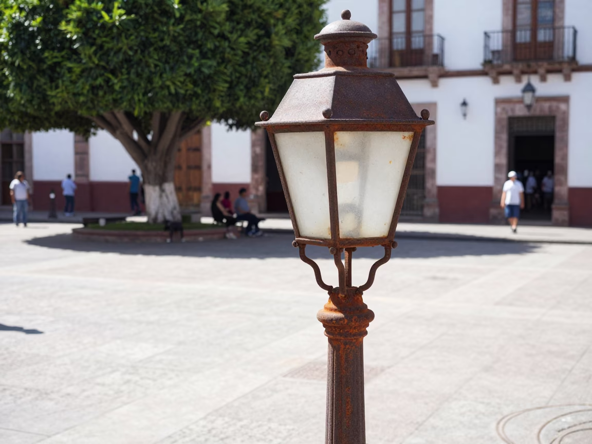Bright Midmorning Street Scene in Merida Mexico with Rusty Lamp and Glass Bottles in in Merida, Mexico