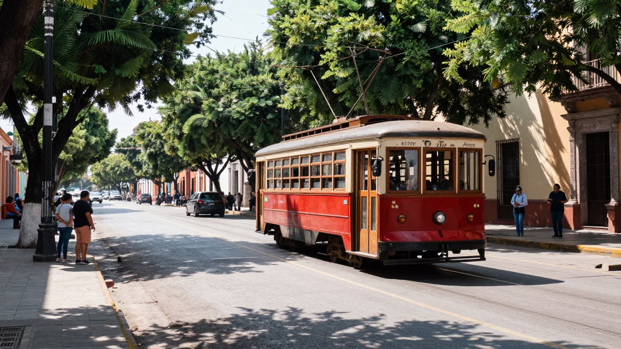 Bright Midmorning Street Scene in Merida Mexico with Tramcar and Local Details in in Merida, Mexico