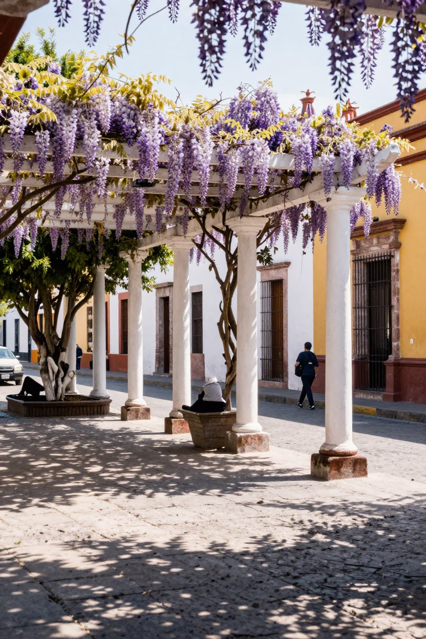 Bright Midmorning Street Scene in Merida Mexico with Wisteria and Colonial Architecture in in Merida, Mexico