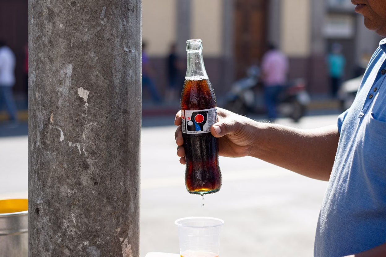Bright Midmorning Street Scene in Mexico City With Condensation On Bottle Neck in in Mexico City, Mexico