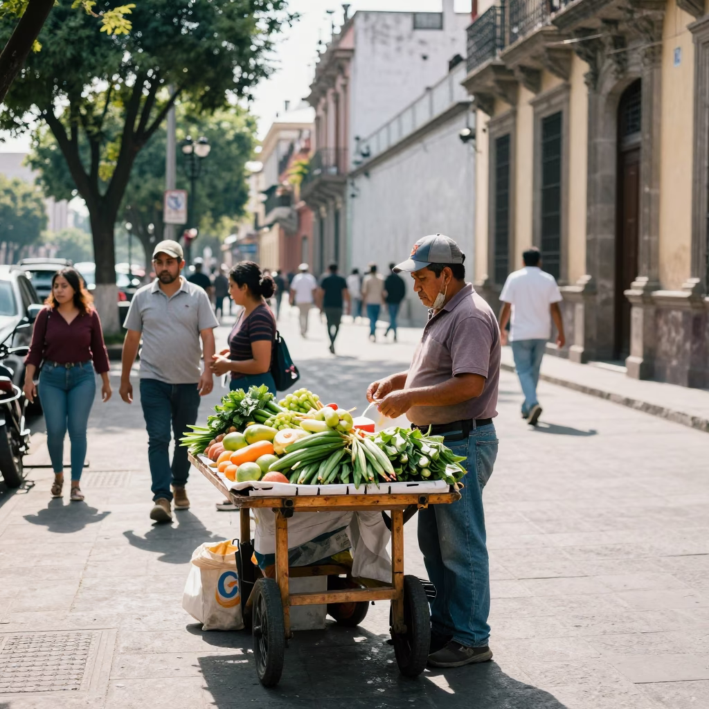 Bright Midmorning Street Scene in Mexico City with Local Vendors and Colorful Architecture in in Mexico City, Mexico
