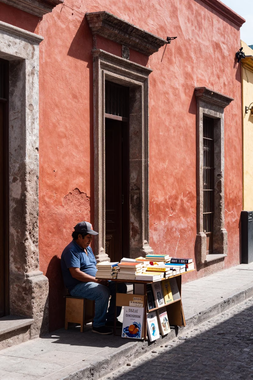 Bright Midmorning Street Scene in Mexico City with Paperbacks and Daily Life in in Mexico City, Mexico