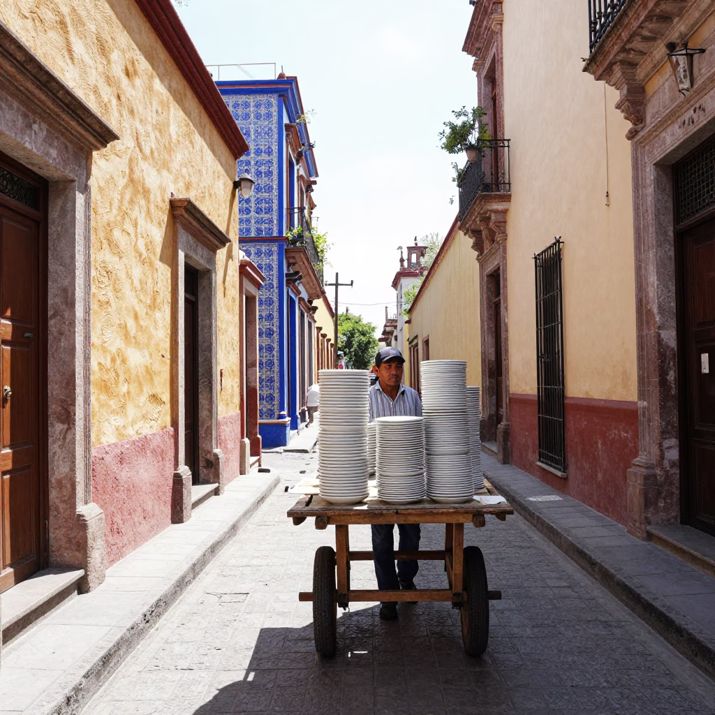 Bright Midmorning Street Scene in Mexico City with Saucers and Drying Towels in in Mexico City, Mexico