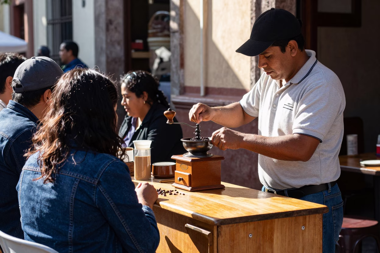 Bright Midmorning Street Scene in Mexico City with Vintage Coffee Grinder on Cafe Counter in in Mexico City, Mexico
