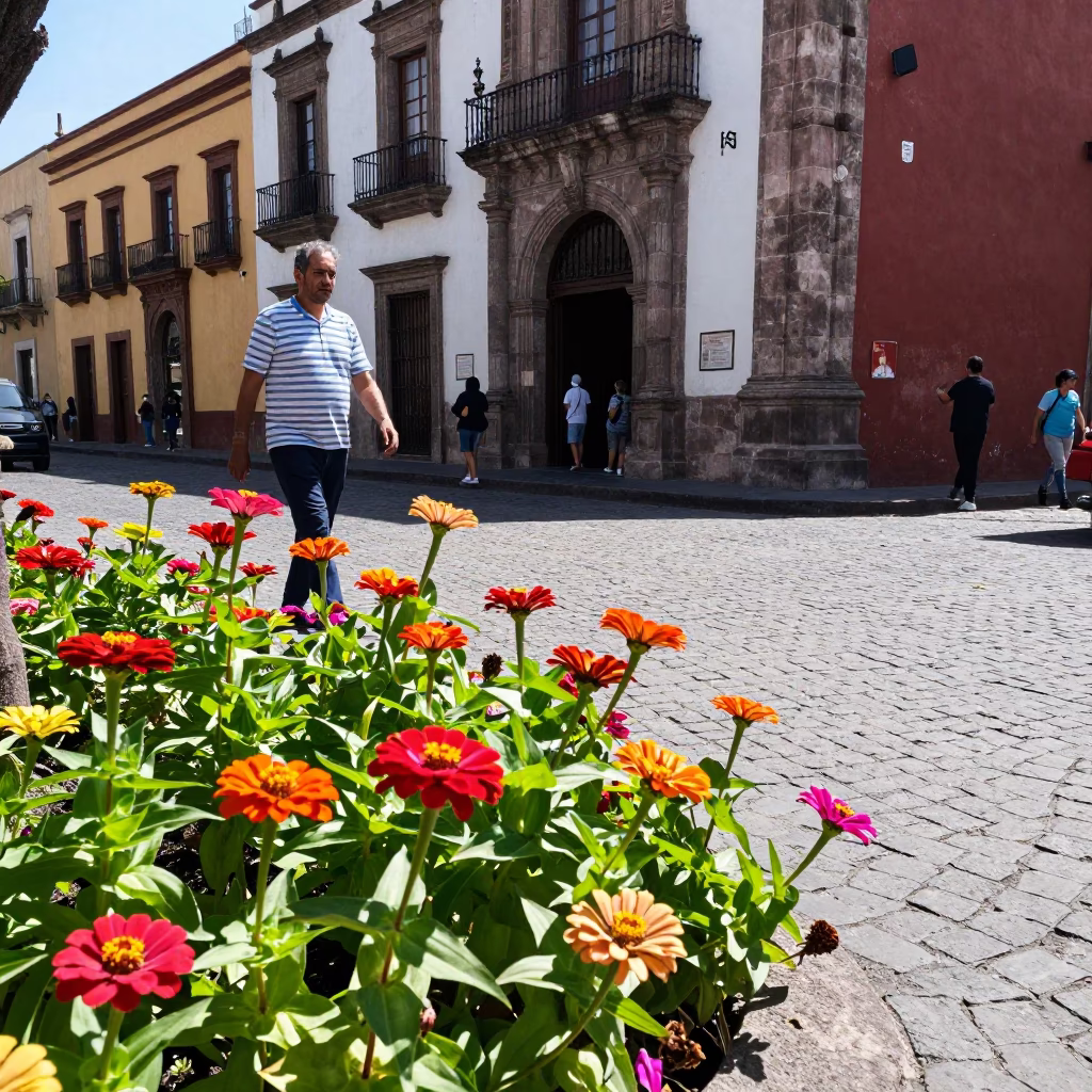 Bright Midmorning Street Scene in Mexico City with Zinnias and Cobblestone Architecture in in Mexico City, Mexico