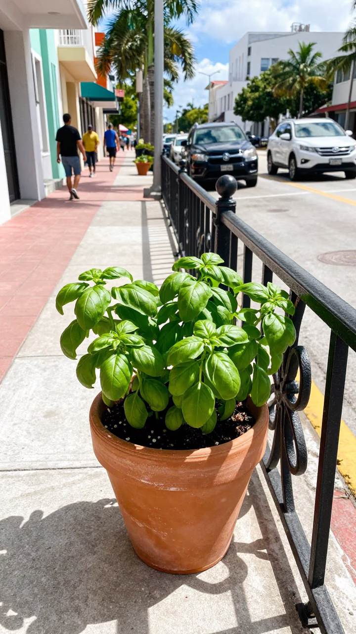 Bright Midmorning Street Scene in Miami Florida with Basil Pot and Glass of Champagne in in Miami, Florida, United States