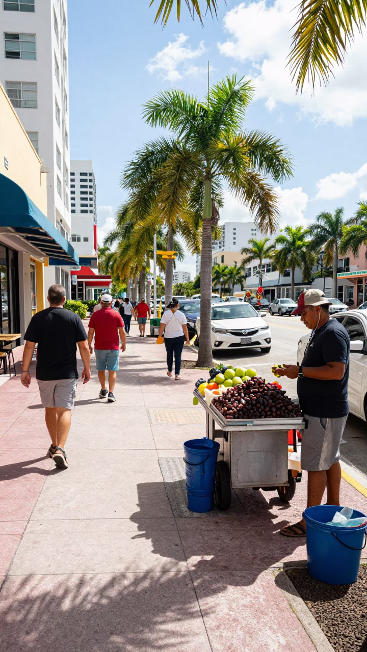Bright Midmorning Street Scene in Miami Florida with Casual Urban Details in in Miami, Florida, United States