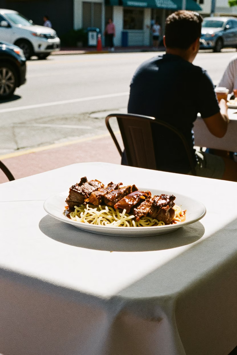 Bright Midmorning Street Scene in Miami Florida with Lomo Saltado Dish in in Miami, Florida, United States
