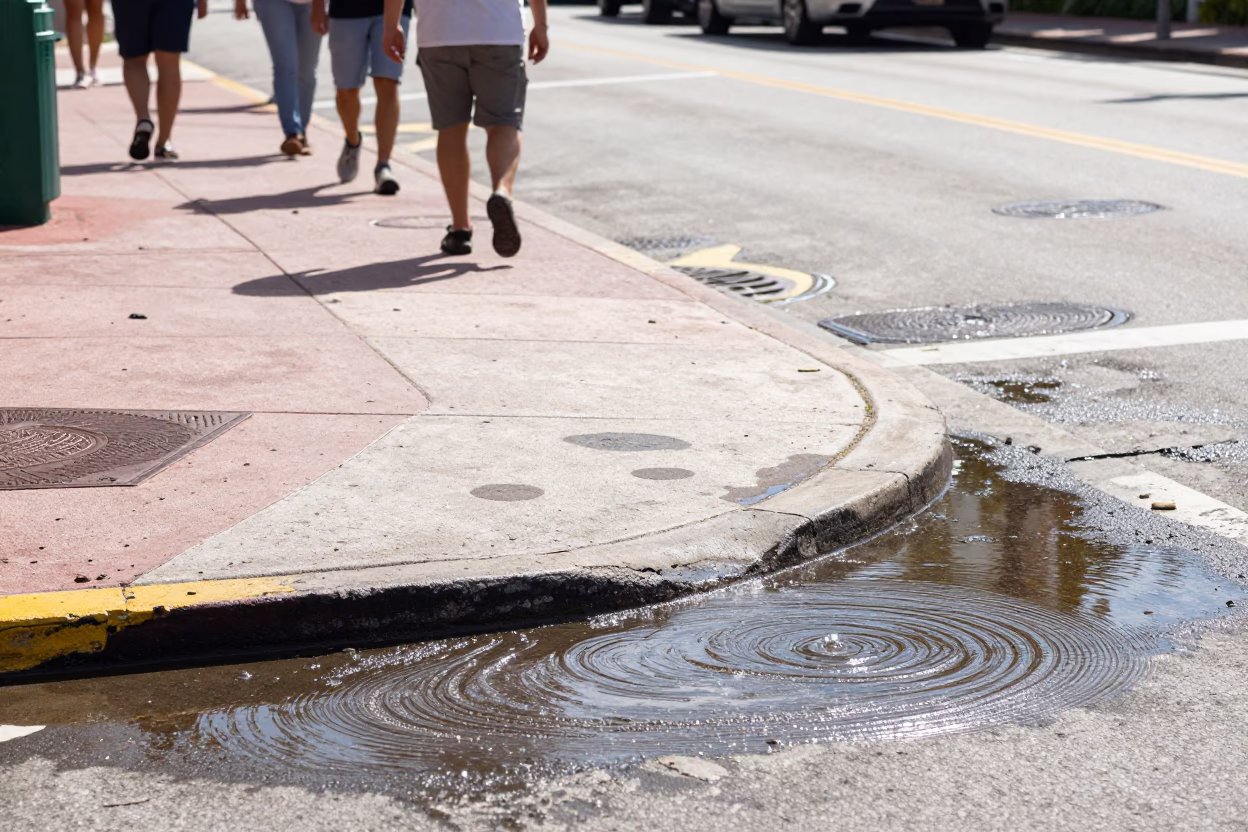 Bright Midmorning Street Scene in Miami Florida with Water Rings on Tile in in Miami, Florida, United States