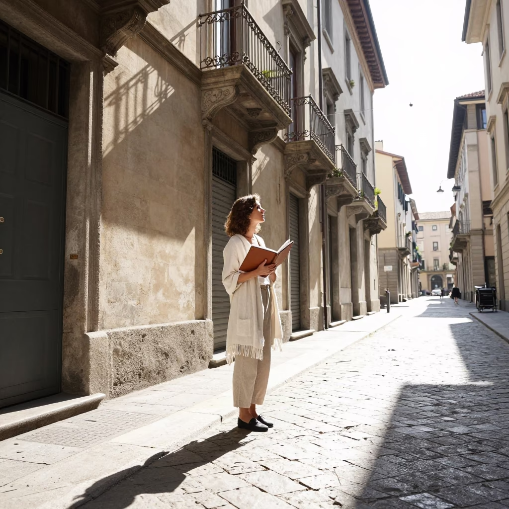 Bright Midmorning Street Scene in Milan Italy with Linen Fringe and Sketchbook in in Milan, Italy