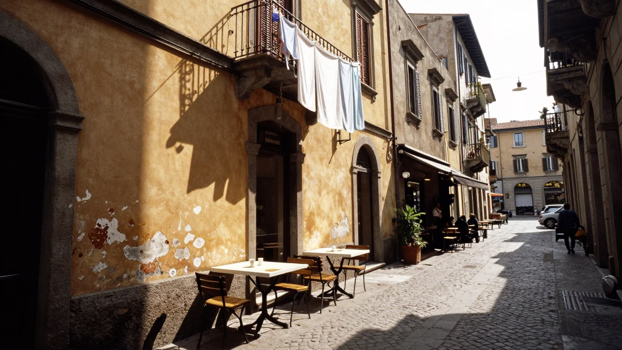 Bright Midmorning Street Scene in Milan Italy with Local Café Details in in Milan, Italy