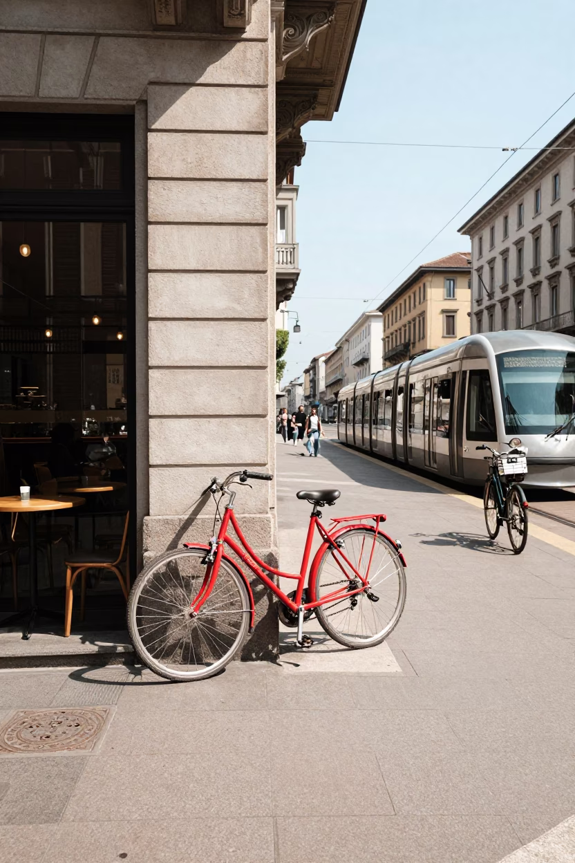 Bright Midmorning Street Scene in Milan Italy with Monorail and Bicycle in in Milan, Italy
