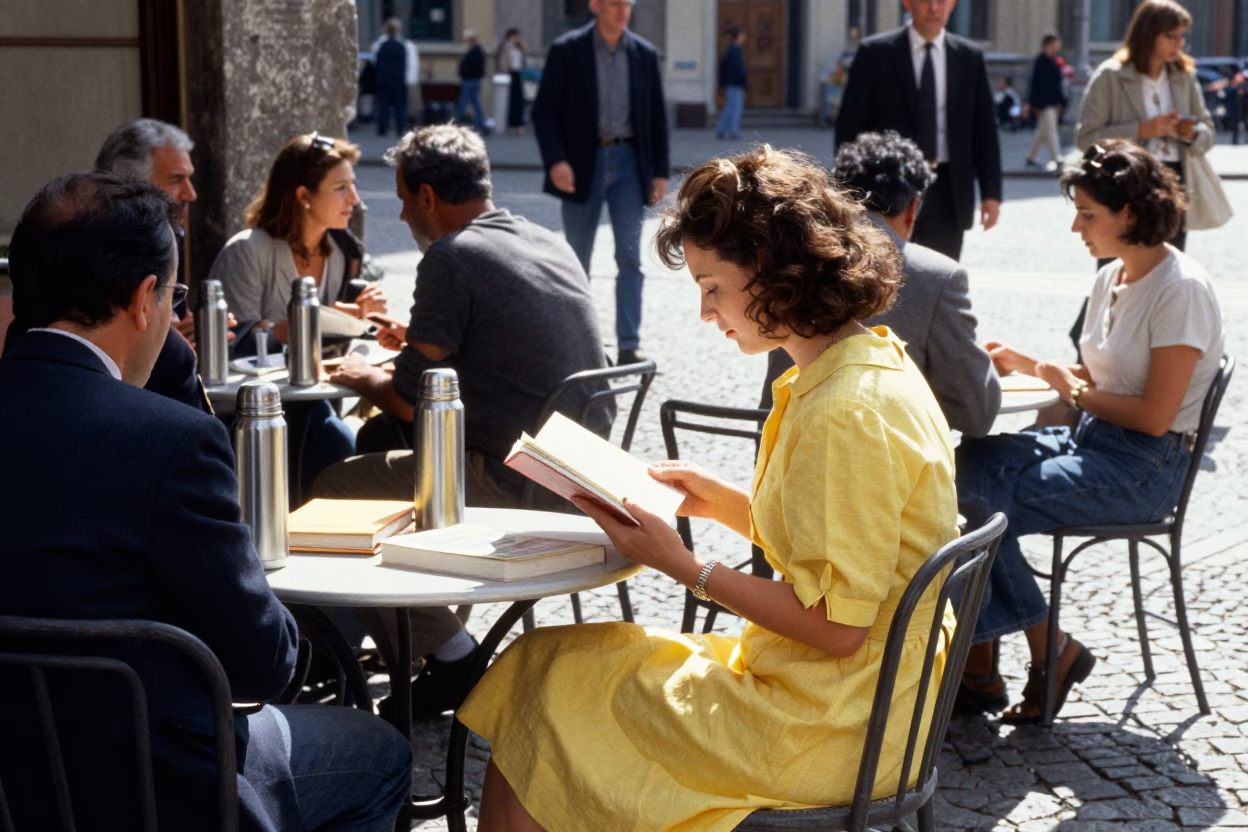 Bright Midmorning Street Scene in Milan Italy with Thermos and Cookbooks in in Milan, Italy