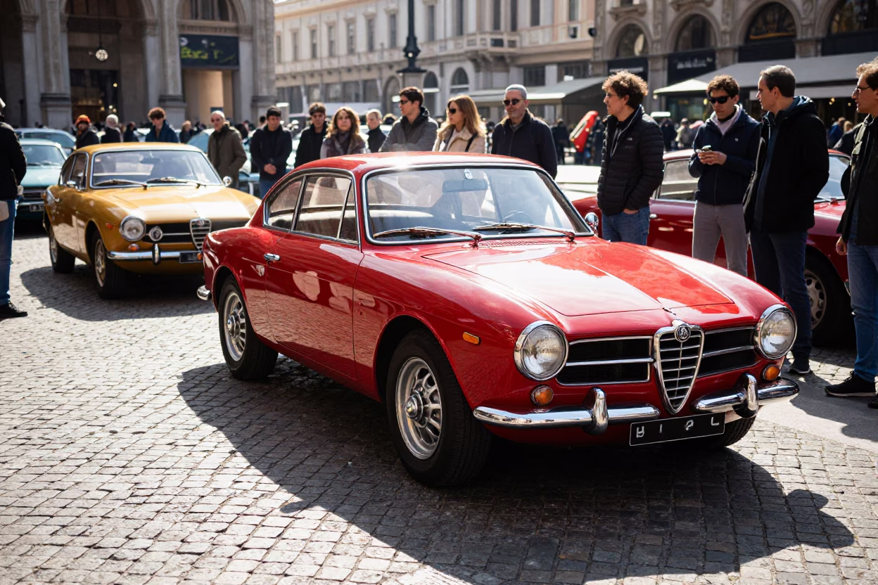Bright Midmorning Street Scene in Milan Italy with Vintage Car Rally and Local Interaction in in Milan, Italy