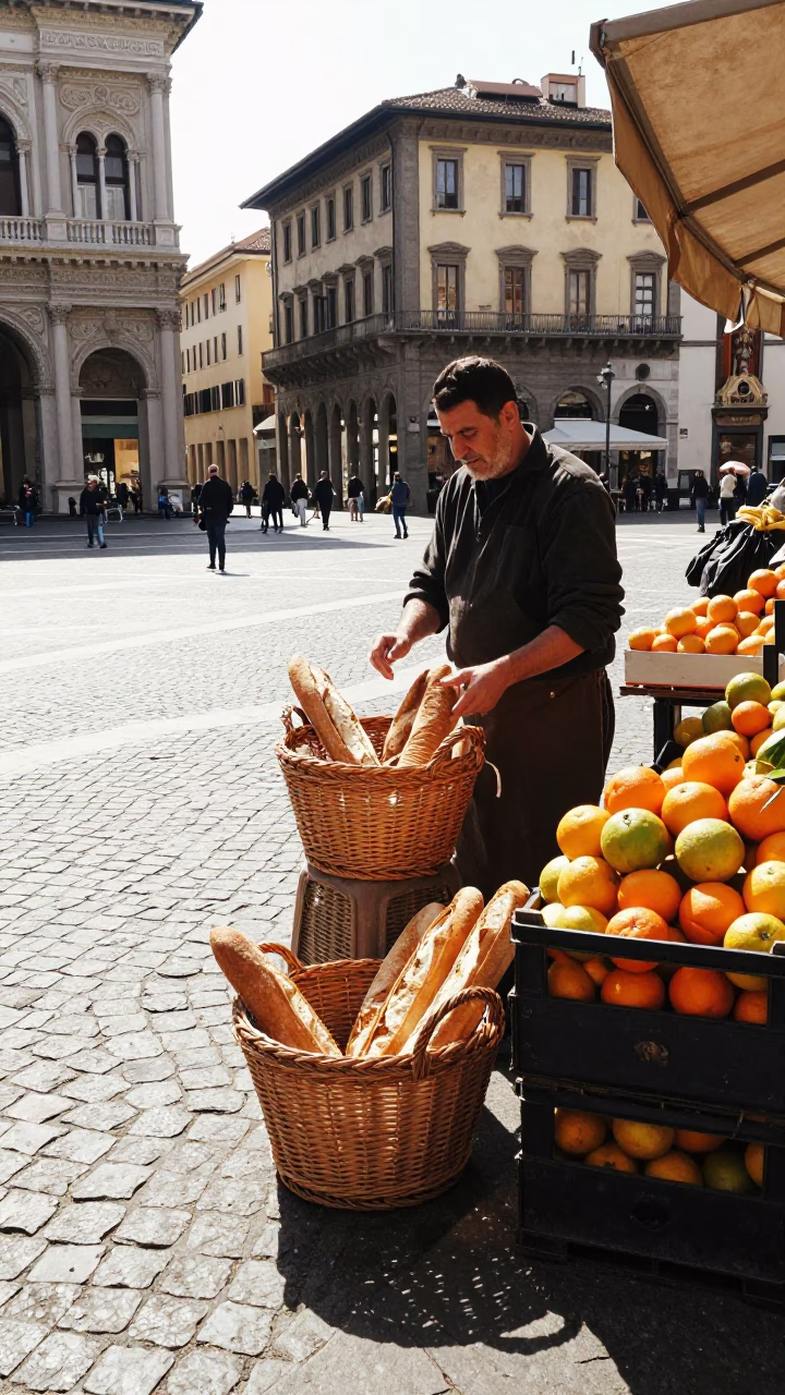 Bright Midmorning Street Scene in Milan Italy with Woven Basket of Fresh Bread in in Milan, Italy