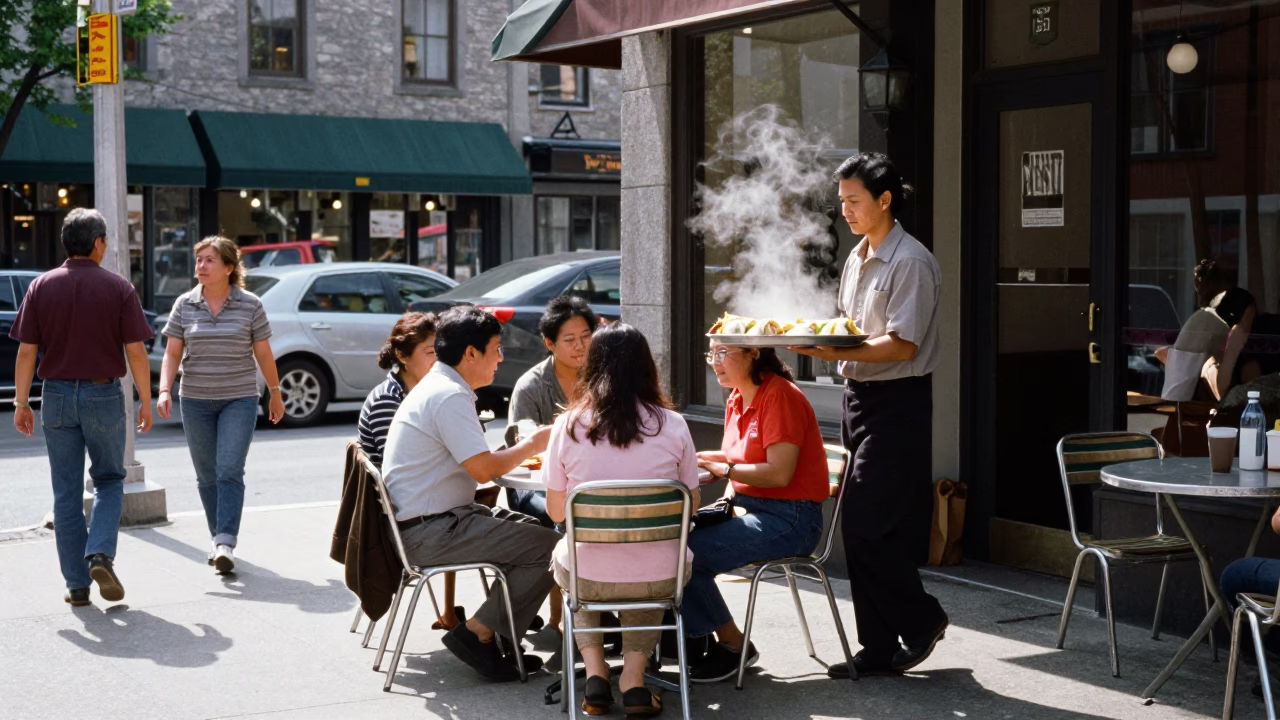 Bright Midmorning Street Scene in Montreal Quebec with Vietnamese Banh Cuon and Urban Architecture in in Montreal, Quebec, Canada