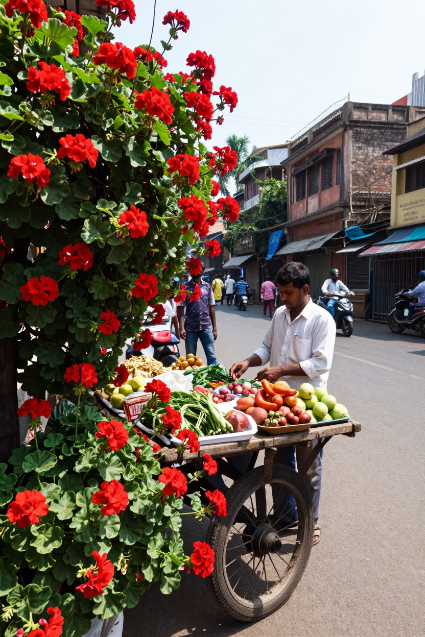 Bright Midmorning Street Scene in Mumbai India with Red Geraniums and Local Market Activity in in Mumbai, India