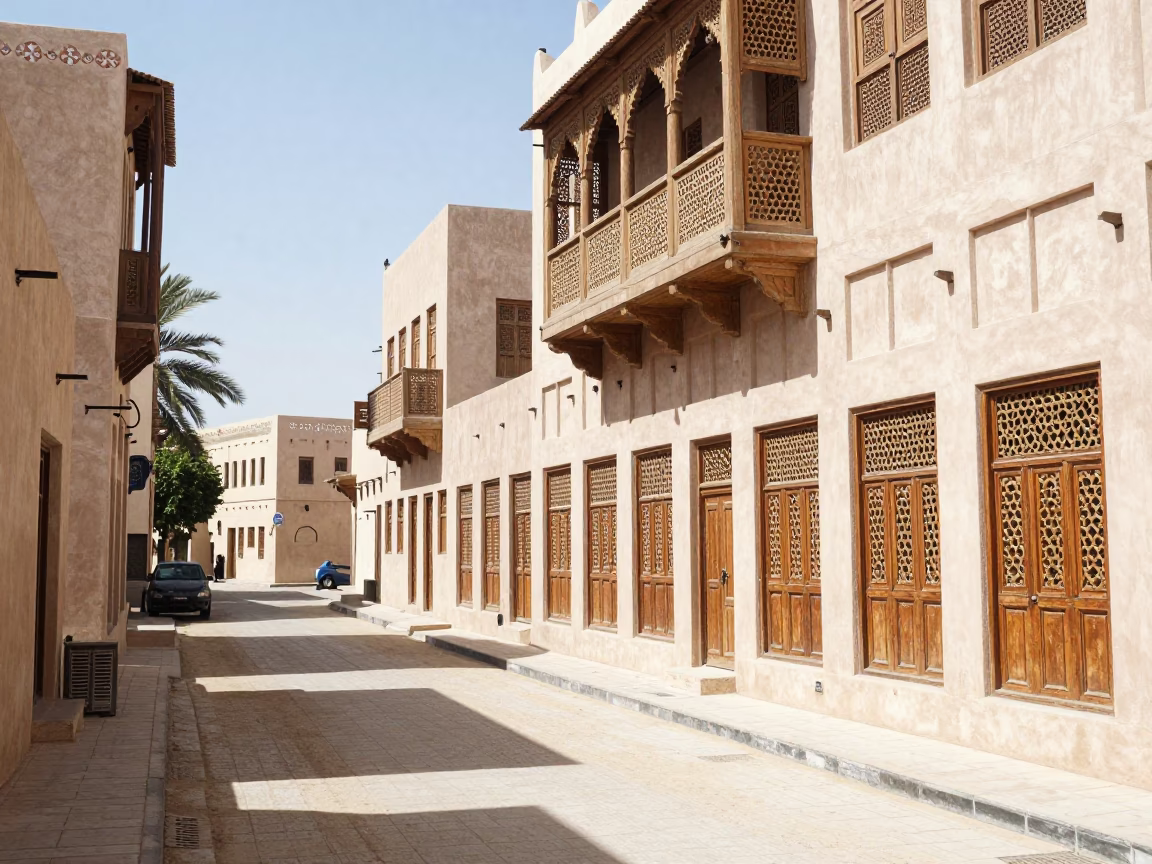 Bright Midmorning Street Scene in Muscat Oman with Traditional Architecture and Local Life in in Muscat, Oman