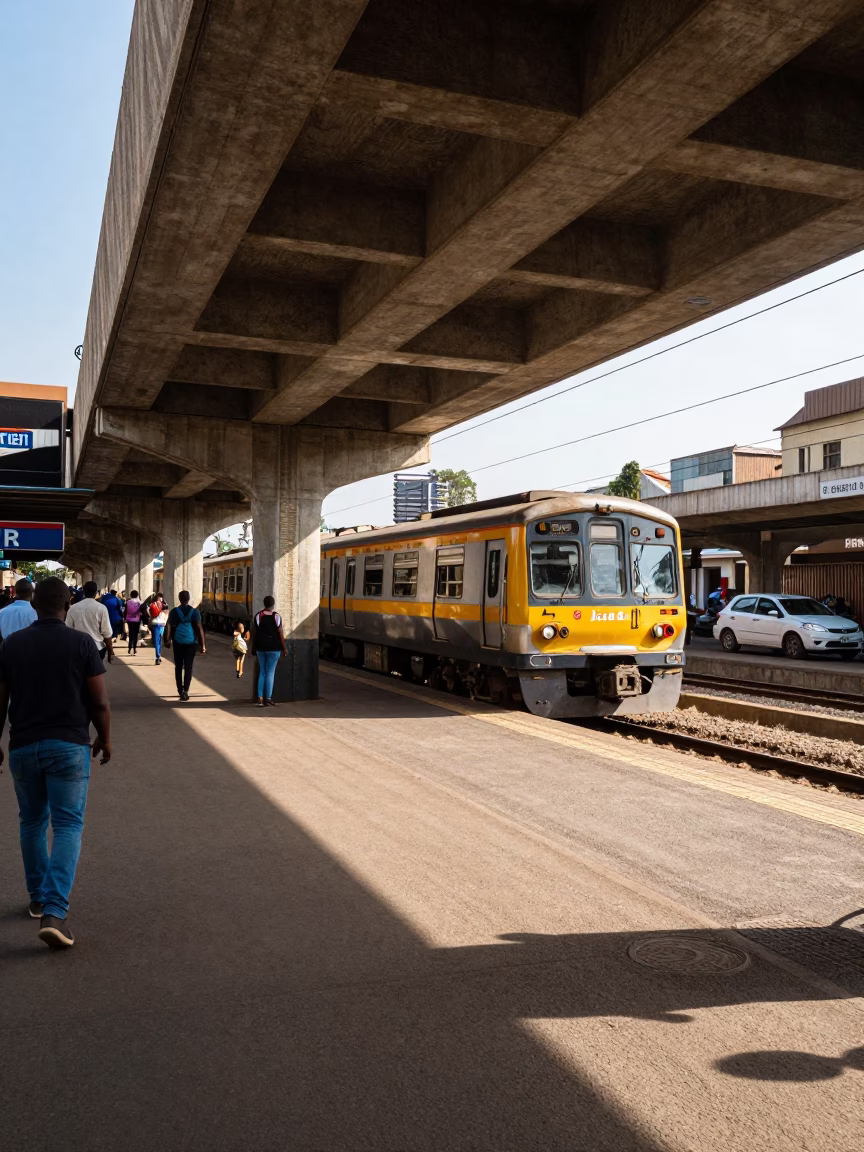 Bright Midmorning Street Scene in Nairobi Kenya with Commuter Train and Local Market Activity in in Nairobi, Kenya