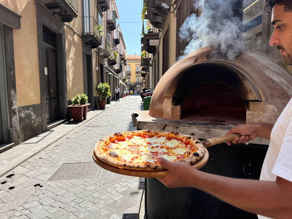 Bright Midmorning Street Scene in Naples Italy with Pizza and Local Life in in Naples, Italy