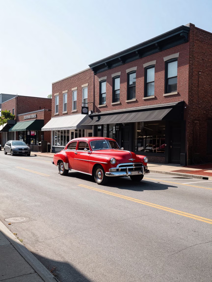 Bright Midmorning Street Scene in Nashville Tennessee with Vintage Car and Potted Geraniums in in Nashville, Tennessee, United States