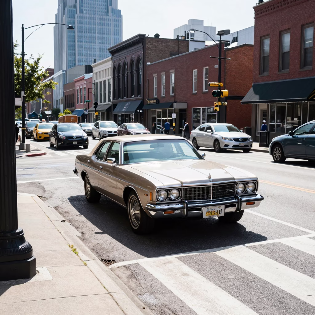 Bright Midmorning Street Scene in Nashville Tennessee with Vintage Cars and Pedestrians in in Nashville, Tennessee, United States