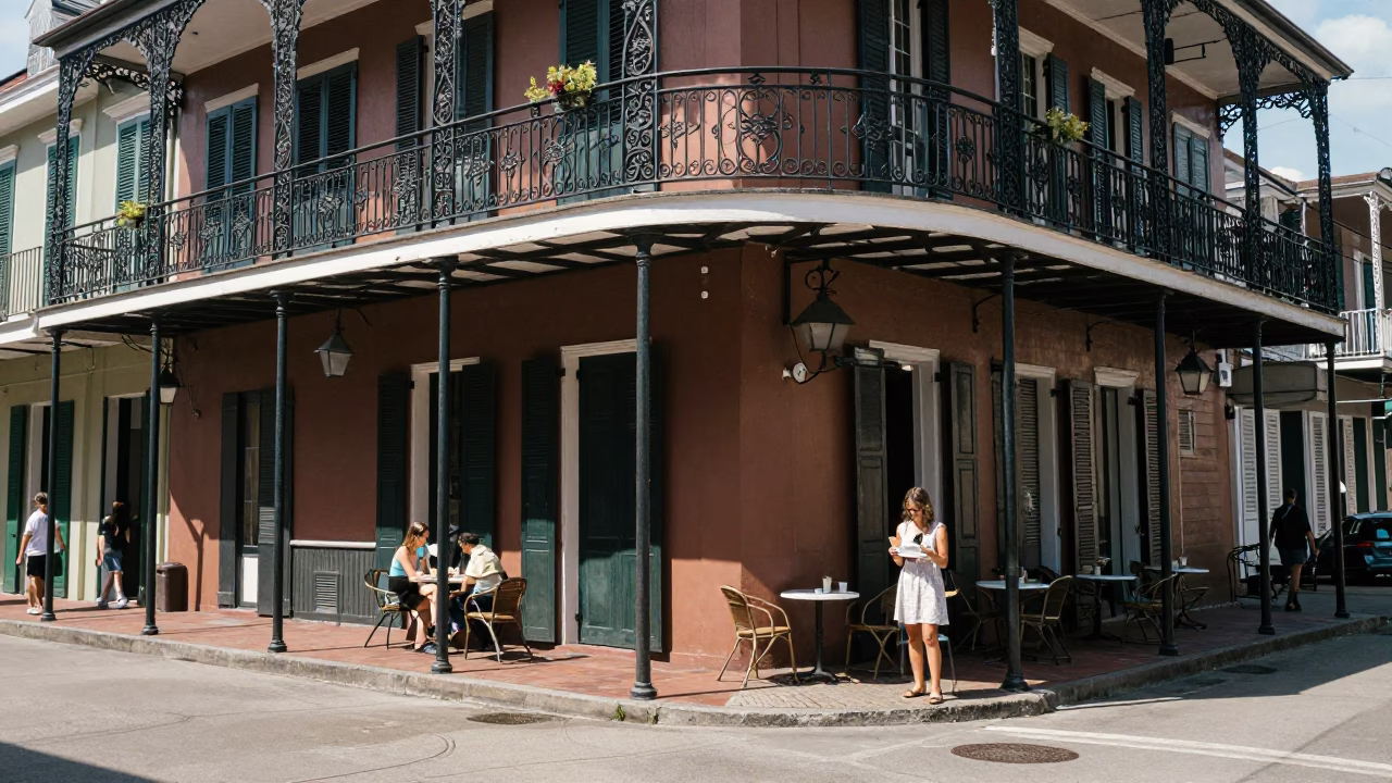 Bright Midmorning Street Scene in New Orleans Louisiana with Balconies and Local Life in in New Orleans, Louisiana, United States