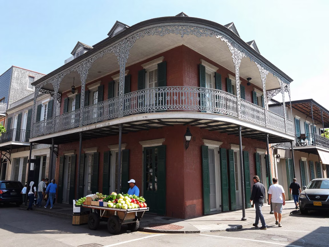 Bright Midmorning Street Scene in New Orleans Louisiana with Local Market Details in in New Orleans, Louisiana, United States