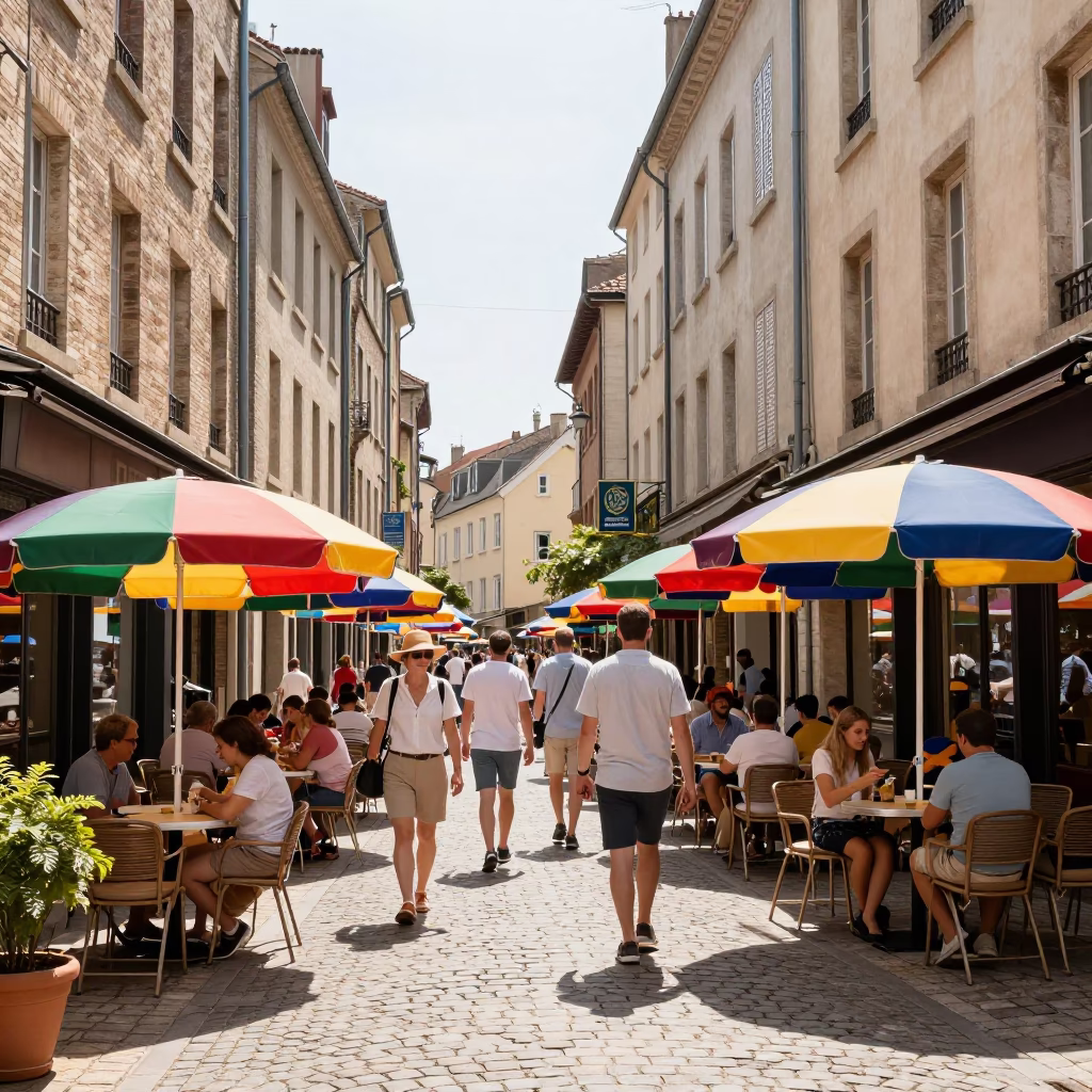 Bright Midmorning Street Scene in Nice France with Colorful Umbrellas and Local Life in in Nice, France