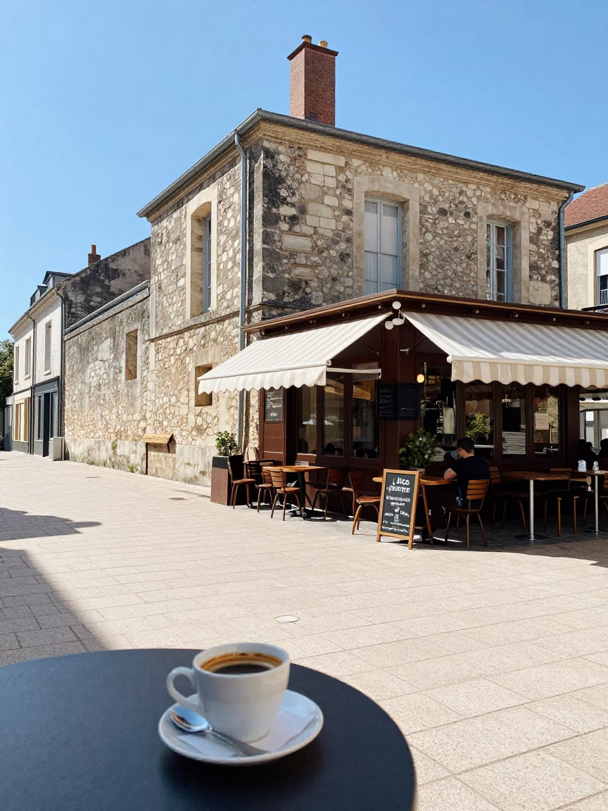 Bright Midmorning Street Scene in Nice France with Espresso Cup and Mint Leaves in in Nice, France