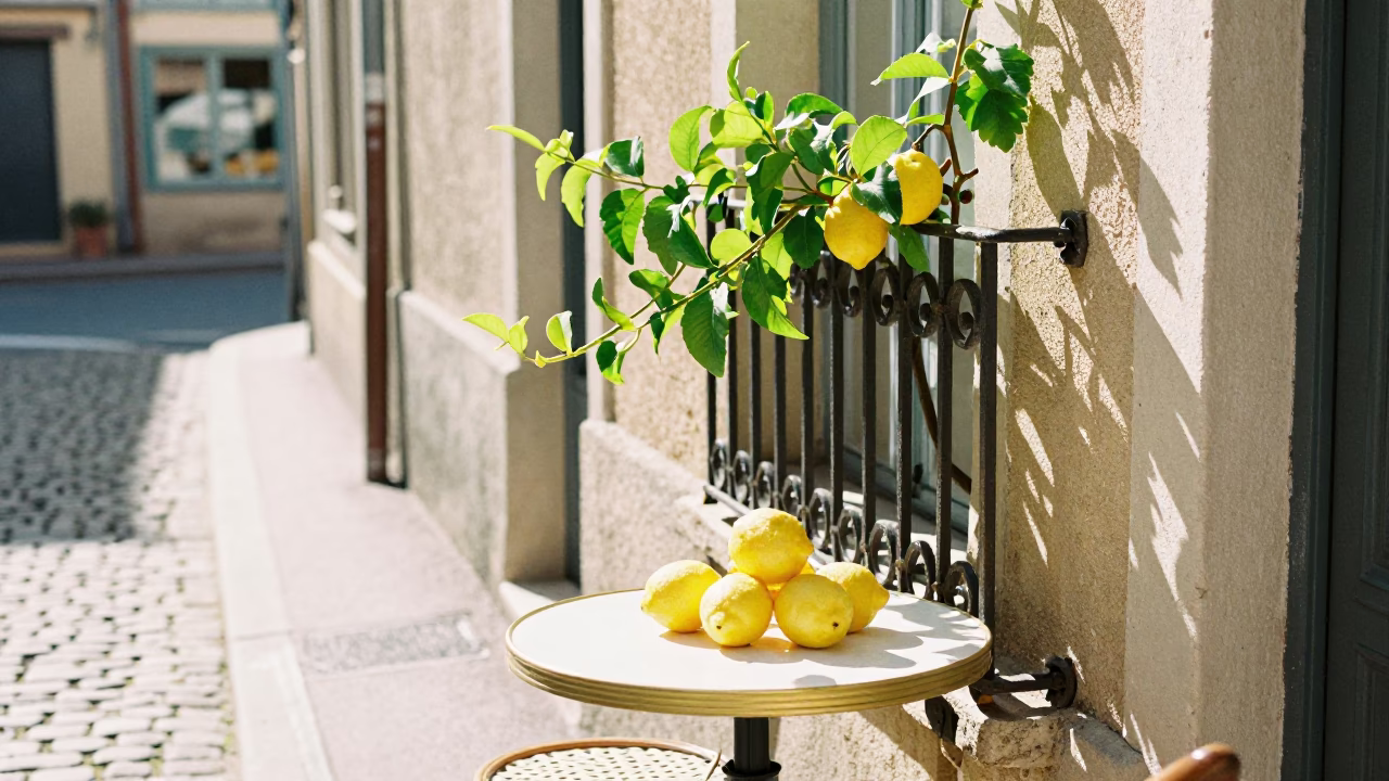 Bright Midmorning Street Scene in Nice France with Lemons and Vine in in Nice, France