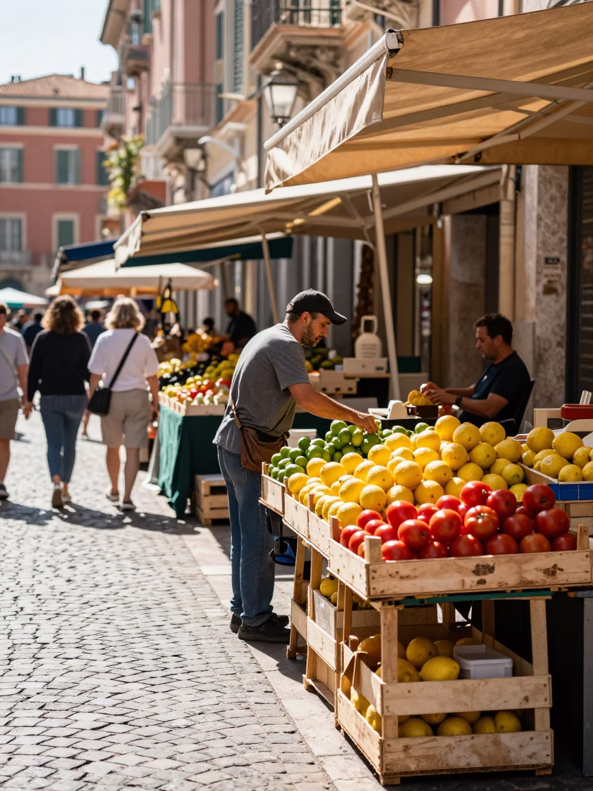 Bright Midmorning Street Scene in Nice France with Local Market Activity and Pedestrians in in Nice, France