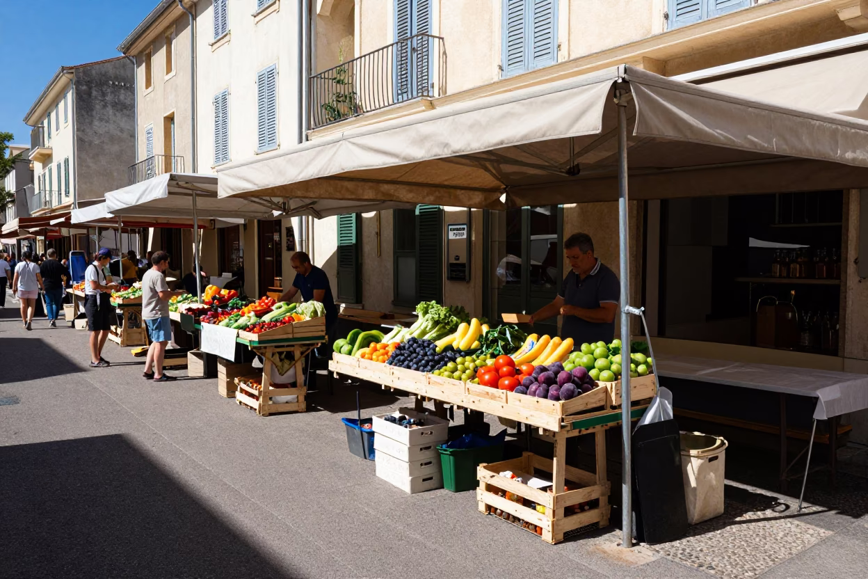 Bright Midmorning Street Scene in Nice France with Local Market Details in in Nice, France