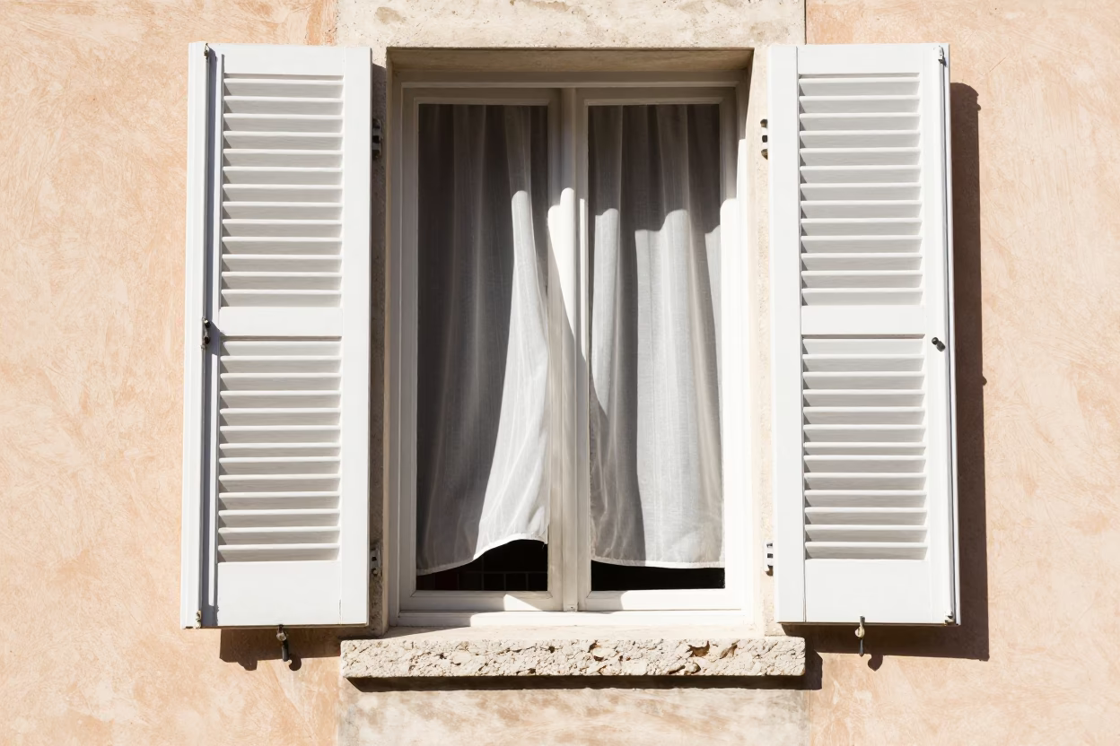 Bright Midmorning Street Scene in Nice France with Open Window and Tea Tin in in Nice, France