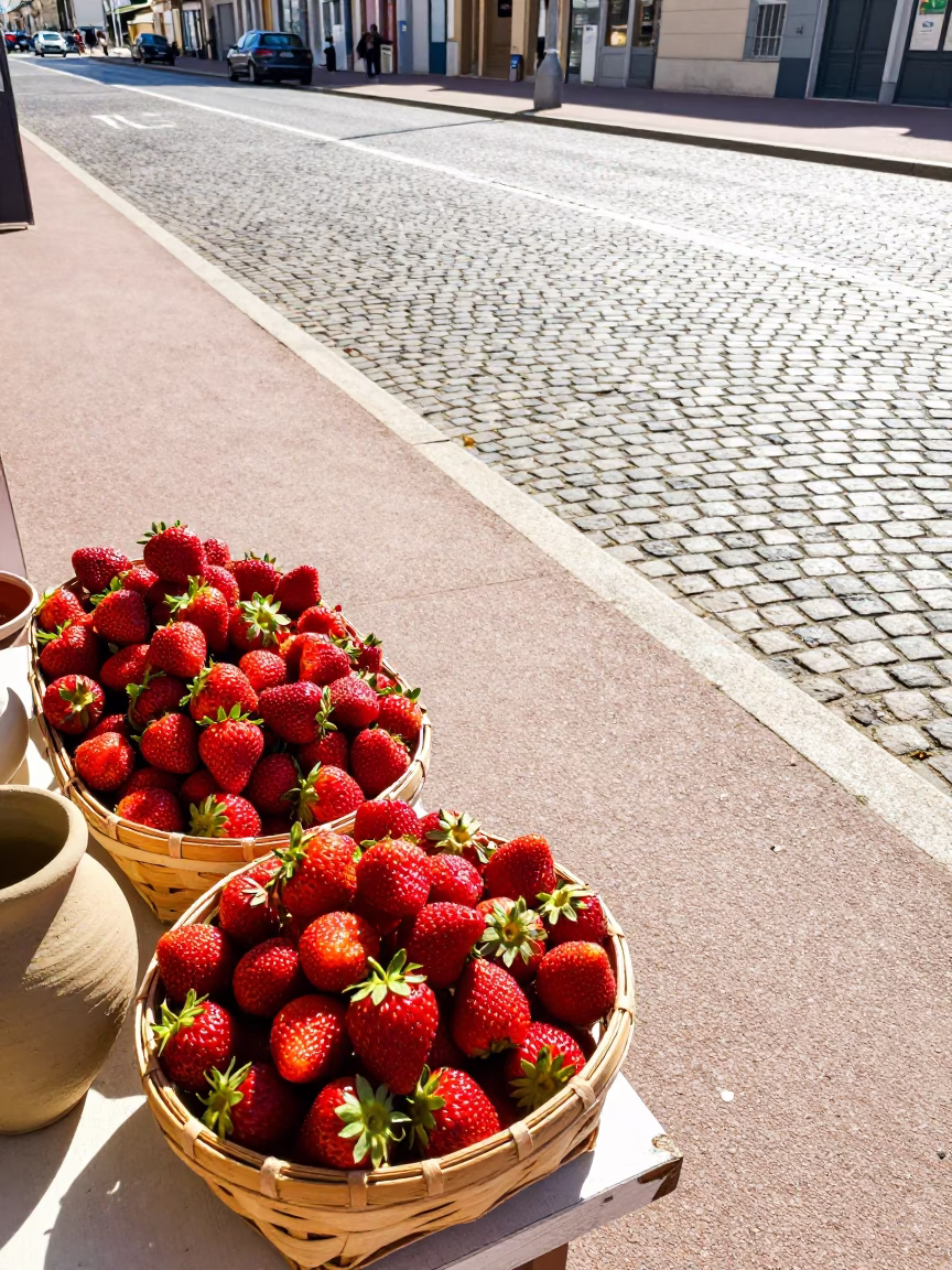Bright Midmorning Street Scene in Nice France with Strawberries and Clay Pots in in Nice, France