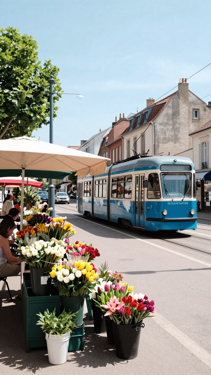Bright Midmorning Street Scene in Nice France with Tram and Local Market Activity in in Nice, France