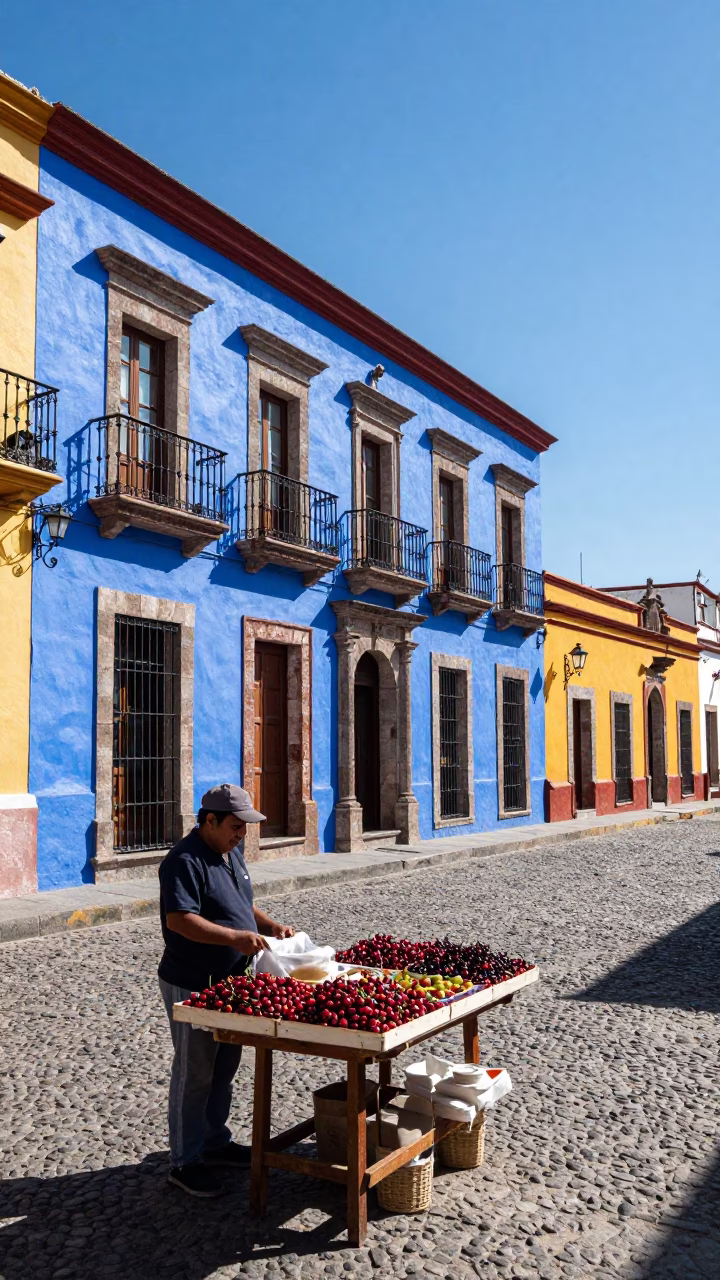 Bright Midmorning Street Scene in Oaxaca Mexico with Cobalt Liquid and Cherry Stalls in in Oaxaca, Mexico