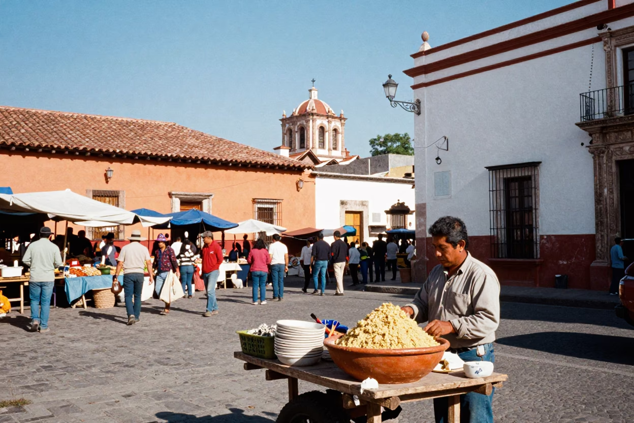 Bright Midmorning Street Scene in Oaxaca Mexico with Local Market Activity in in Oaxaca, Mexico