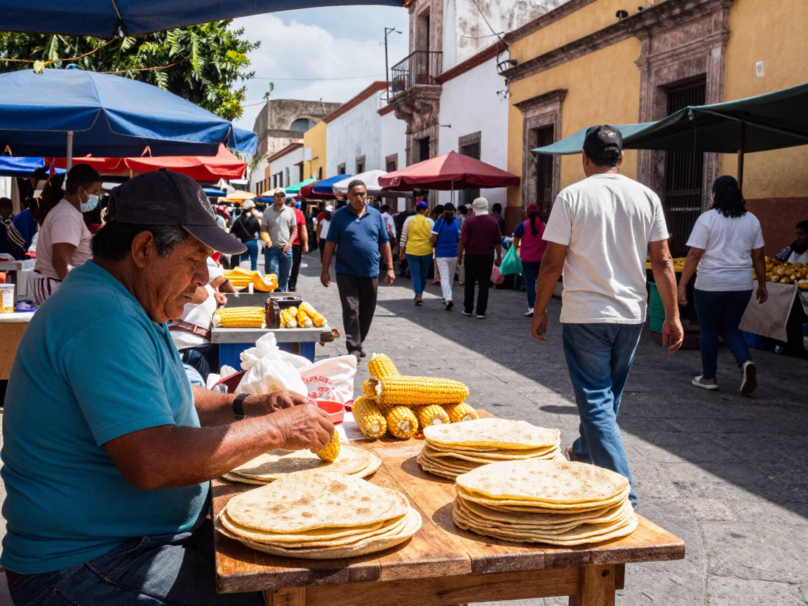 Bright Midmorning Street Scene in Oaxaca Mexico with Local Market Details in in Oaxaca, Mexico