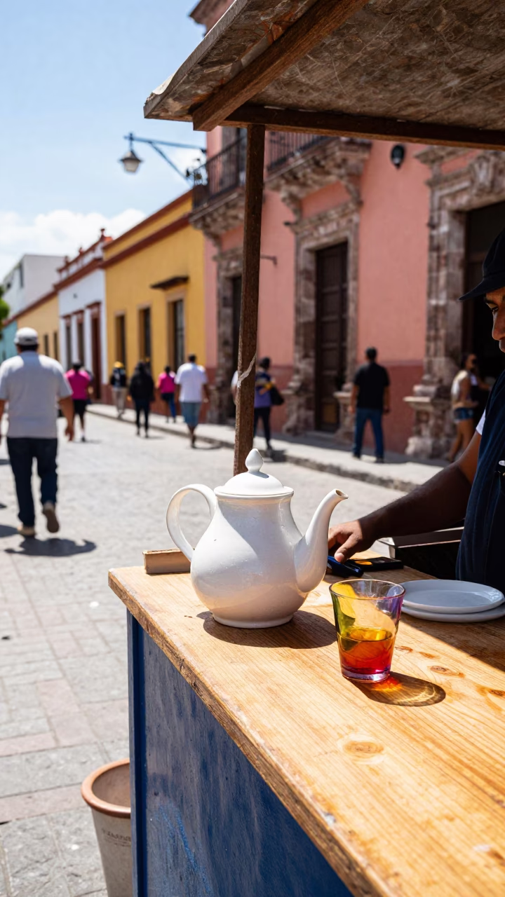 Bright Midmorning Street Scene in Oaxaca Mexico with Teapot and Colored Glass Bottle in in Oaxaca, Mexico