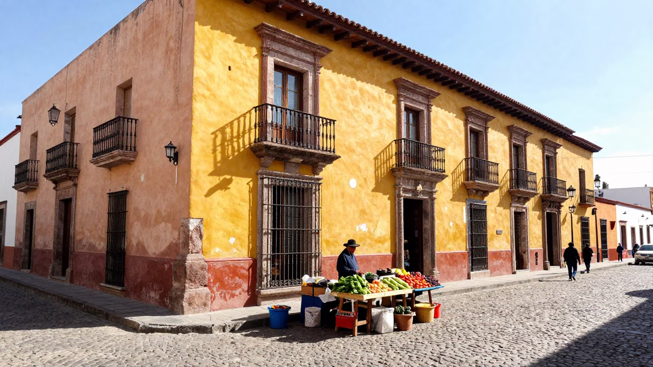 Bright Midmorning Street Scene in Oaxaca Mexico with Traditional Market Activity in in Oaxaca, Mexico