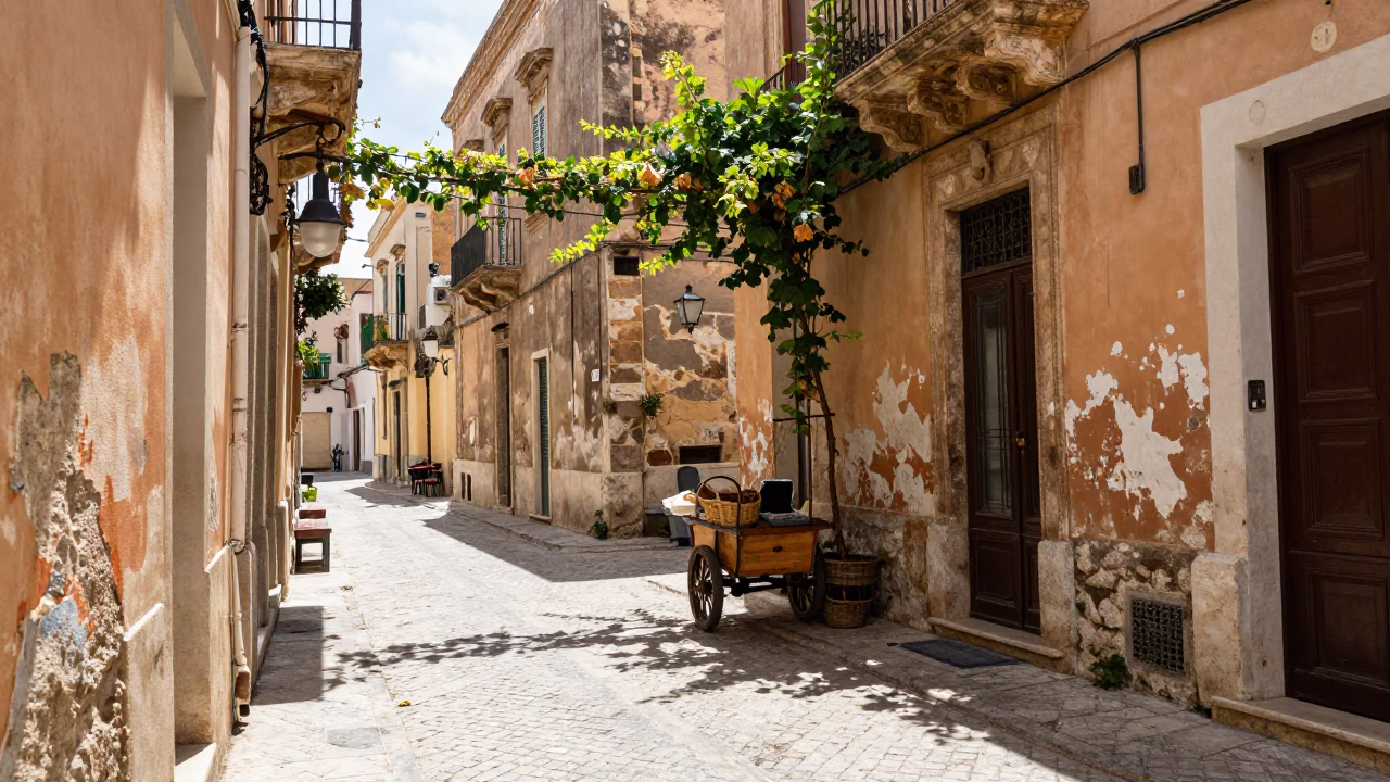 Bright Midmorning Street Scene in Palermo Italy with Basket and Vine in in Palermo, Italy