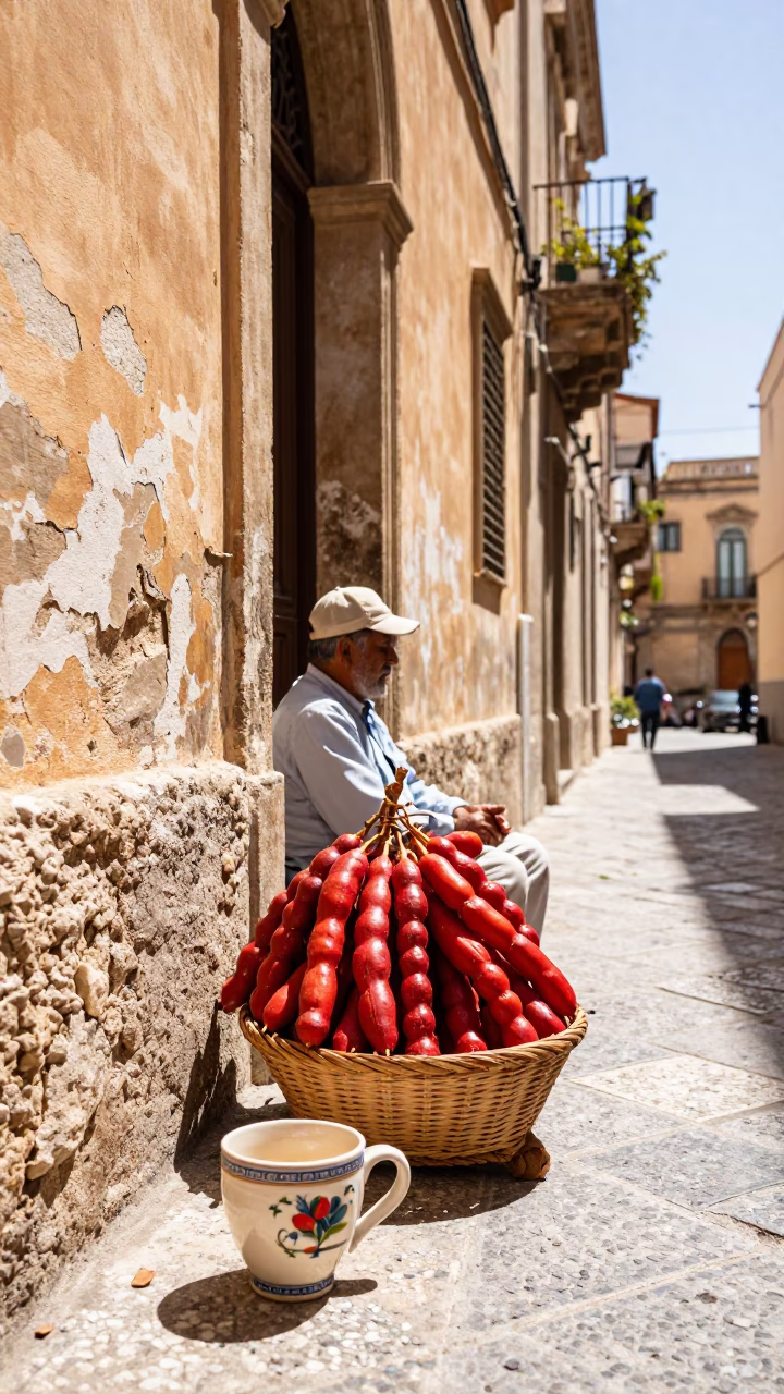 Bright Midmorning Street Scene in Palermo Italy with Ceramic Cup and Tamarind Tree in in Palermo, Italy