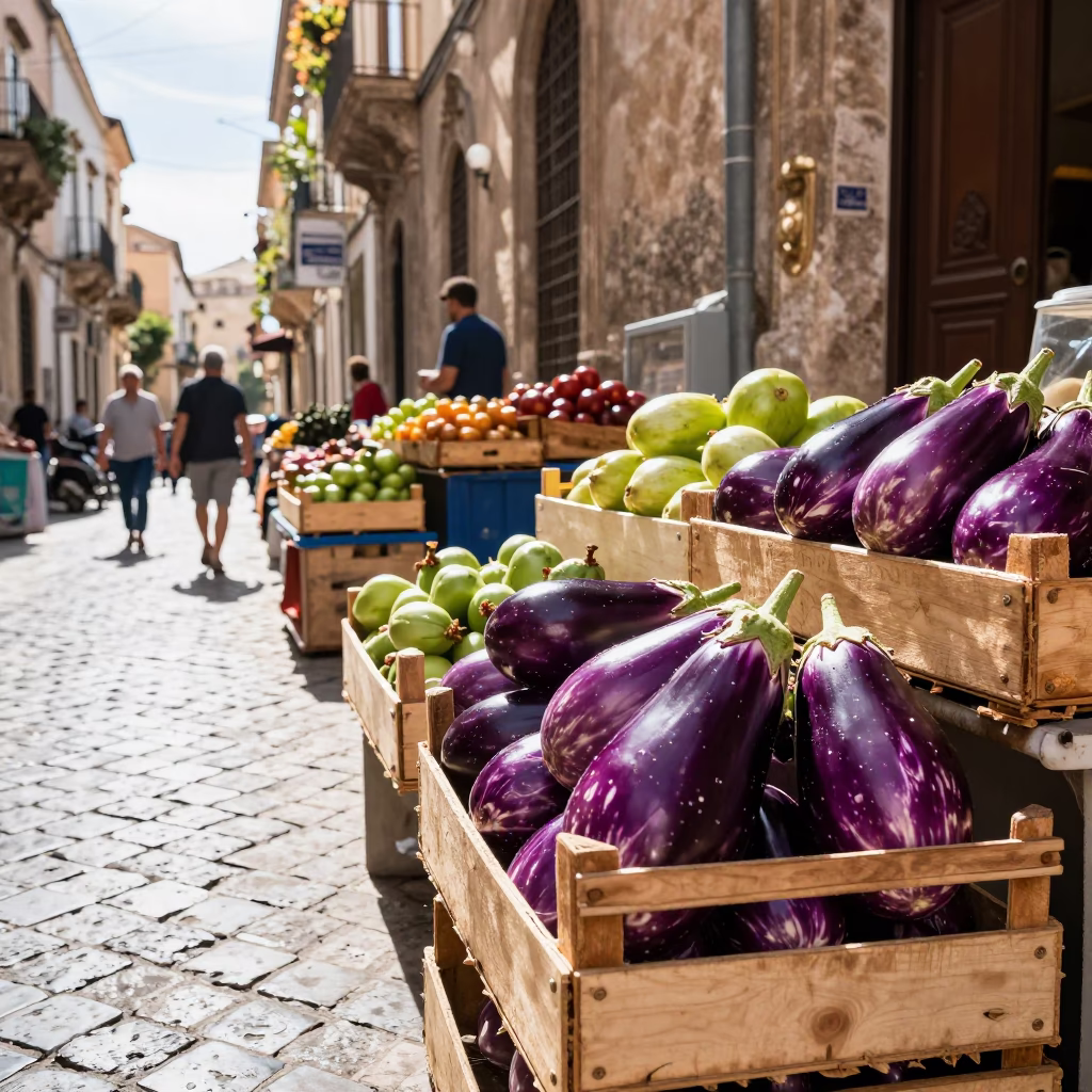 Bright Midmorning Street Scene in Palermo Italy with Eggplants and Local Market Activity in in Palermo, Italy